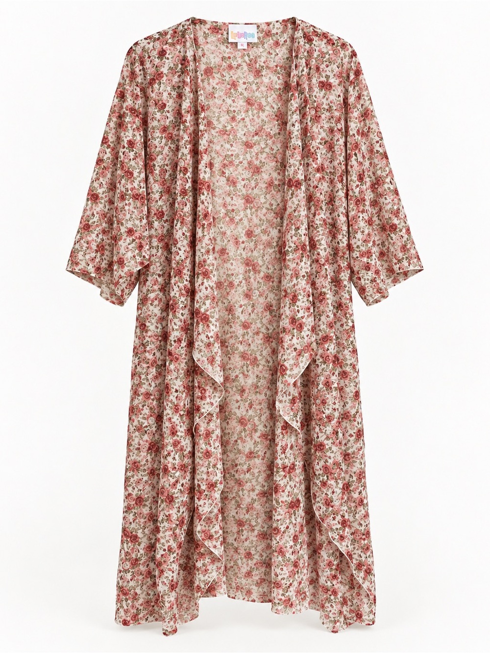 LuLaRoe Size M Cream Pink Rose Floral Open-Front Kimono Duster Cardigan